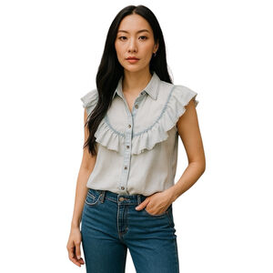 Liverpool Los Angeles Ruffle Top Womens L Blue Button Up Blouse Casual Summer